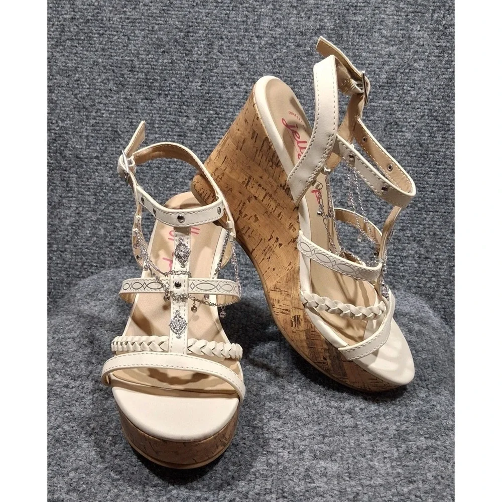 Jellypop Wedge Sandals Cream With Silver  Tone Chain Jewel Accents  Ankle Strap - Picture 2 of 13